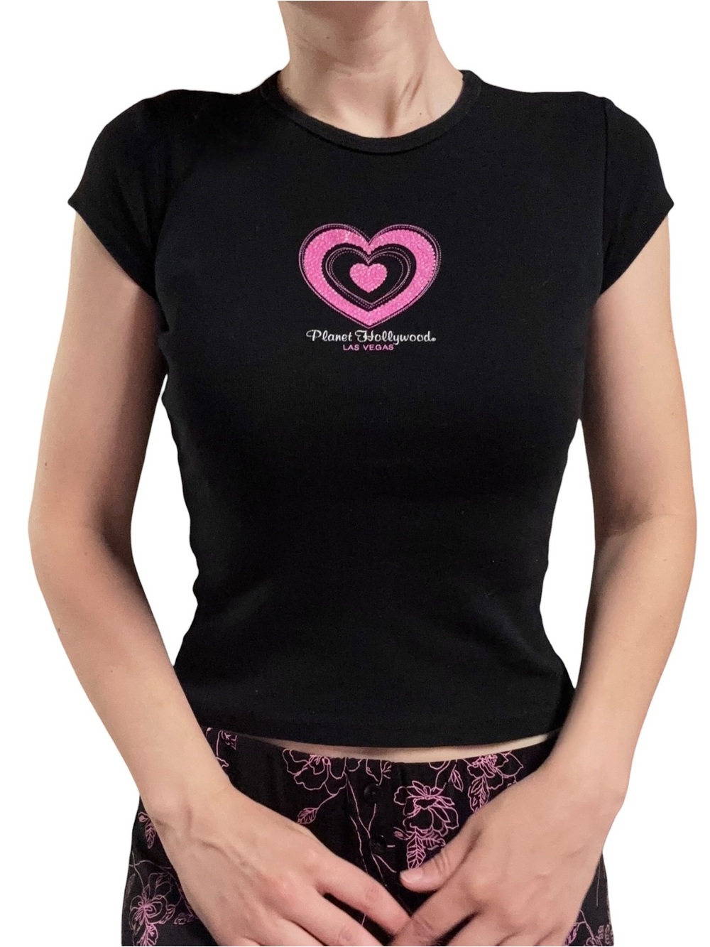Planet Hollywood | Vintage 1998 Y2K Black Pink Heart Embellished Baby Tee